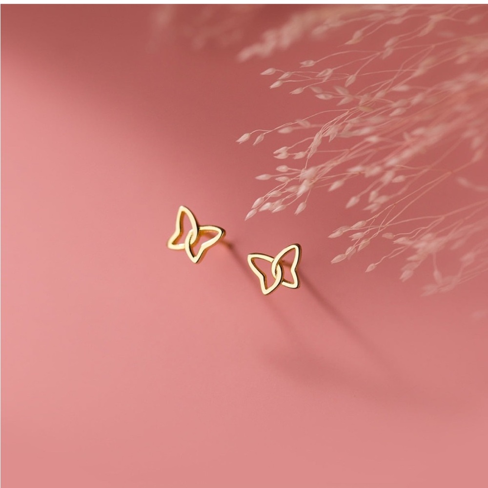 Silver & Gold Butterfly Dainty Minimalist Stud Post Earrings - Picture 2 of 7
